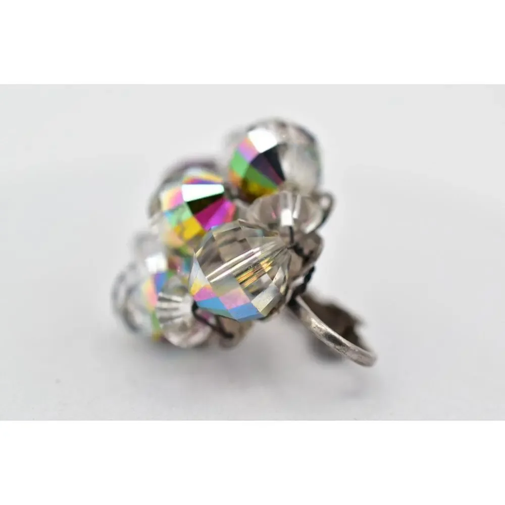 Vintage Clip On Crystal Earrings Watermelon Aurora Borealis Chrome 1950s BinBK